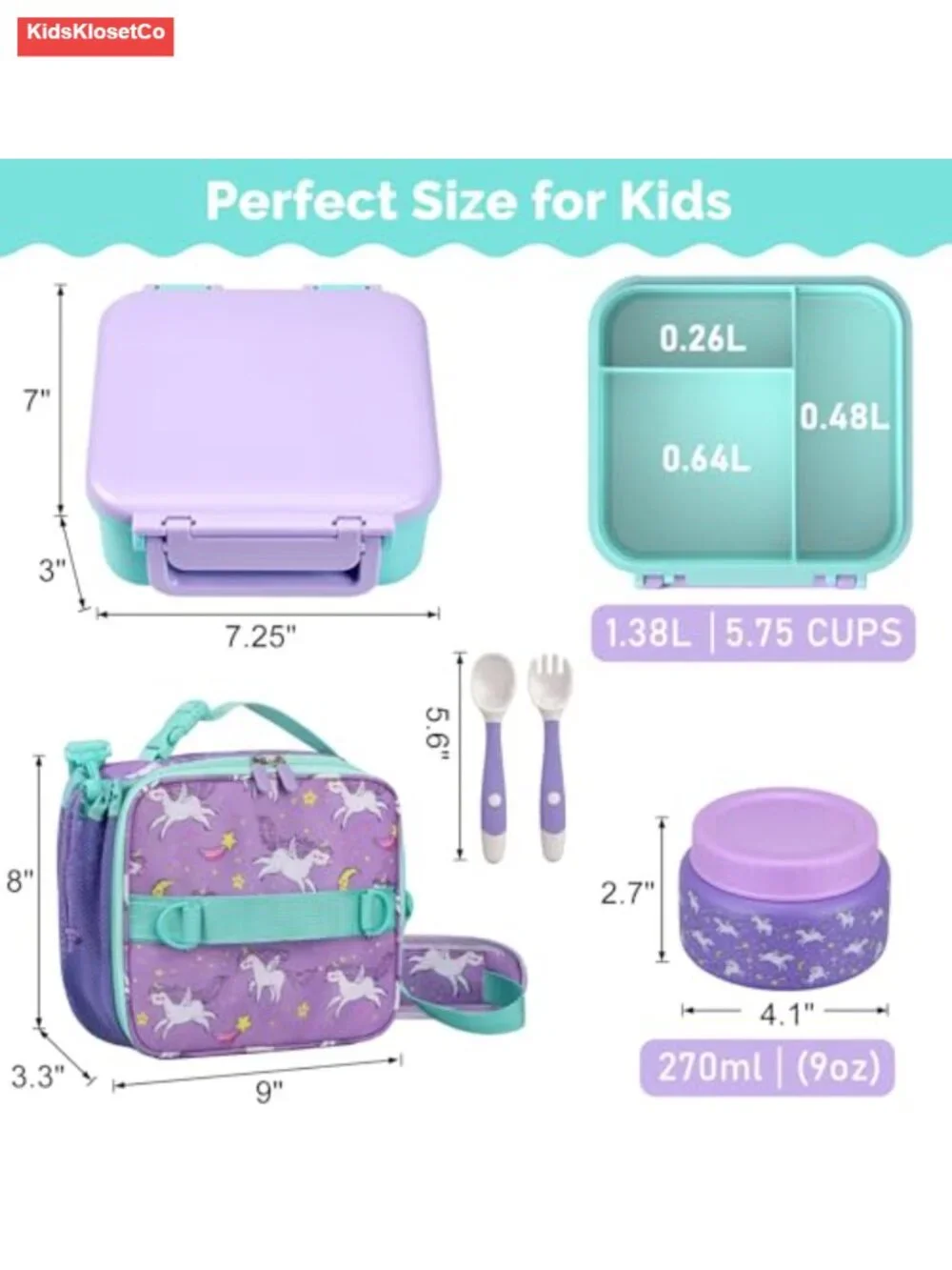 Kids Insulated Lunch Bag Set with Bento Box, Thermos